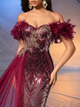 QOQ Women's Floral Patch Decorated Off Shoulder Feather Mesh Splice Luxury Wine Red Formal Evening Gown
